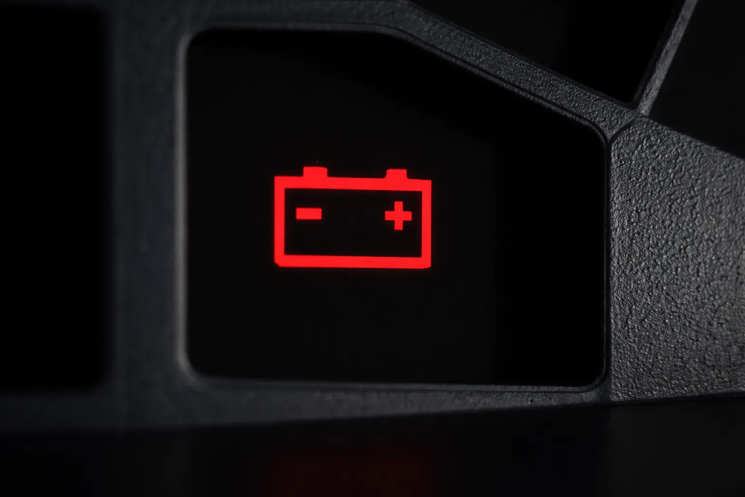 Close-up of a car dashboard displaying a red battery warning light, indicating a charging issue and the need to find a reliable battery shop near me.