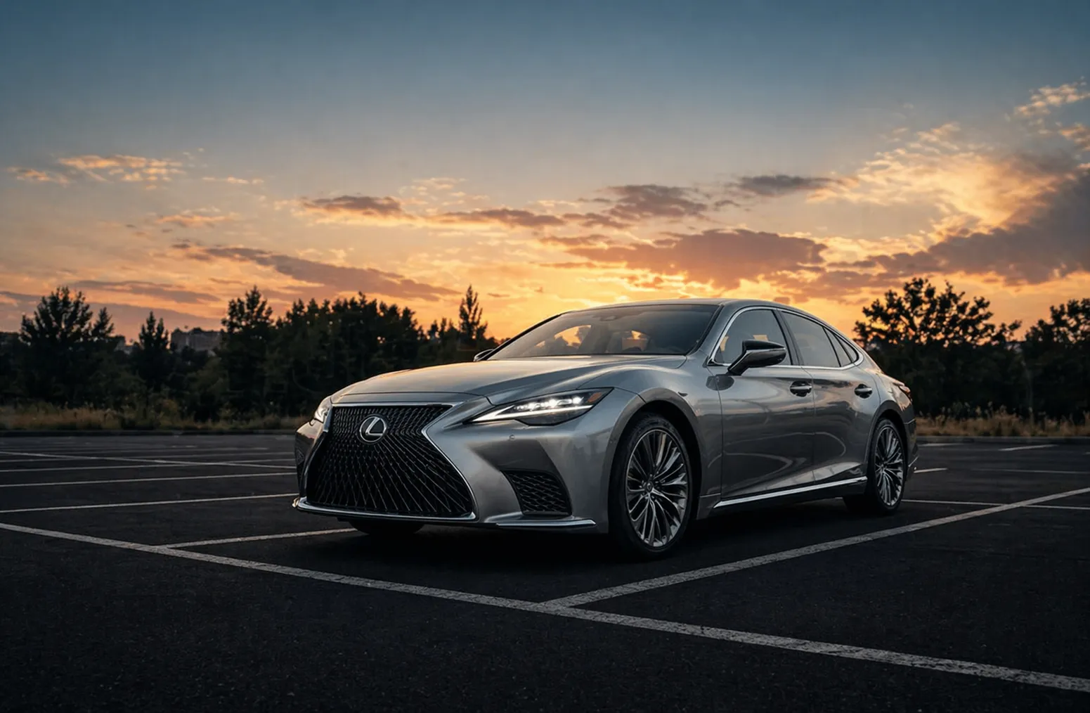 Luxury silver Lexus parked on a road at sunset, representing premium automotive care and maintenance, relevant to Lexus Service Center Dubai services.
