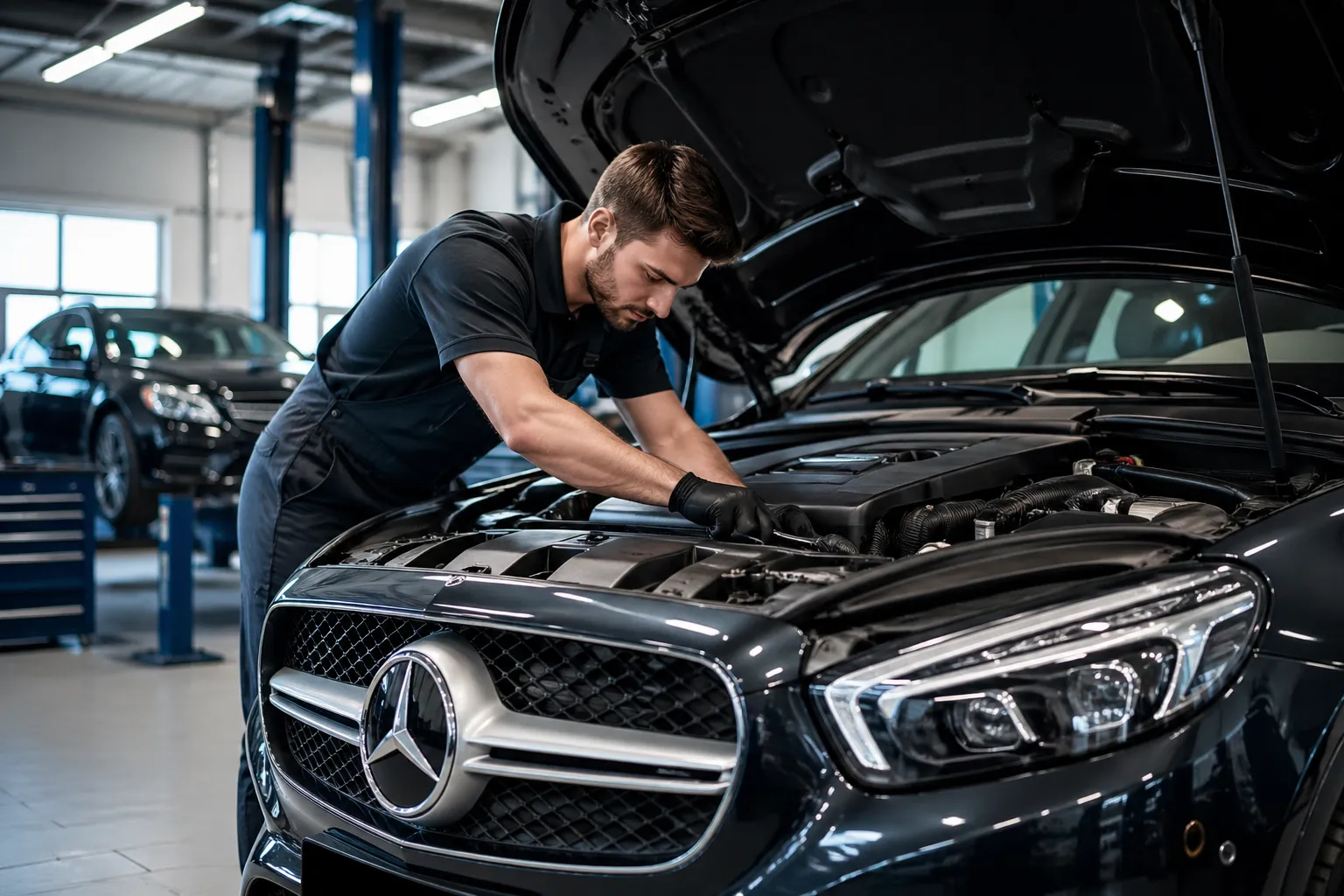 Professional mechanic performing Mercedes b5 service on a Mercedes-Benz in a modern, fully equipped automotive workshop with advanced diagnostic tools.