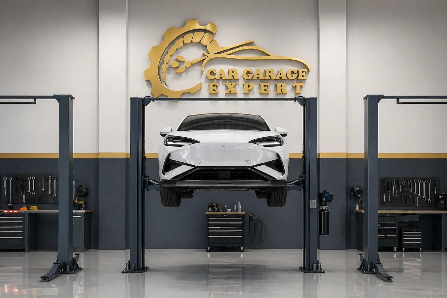 White car parked inside a modern workshop representing the Best Car Service Dubai, with Car Garage Expert branding visible in the background.