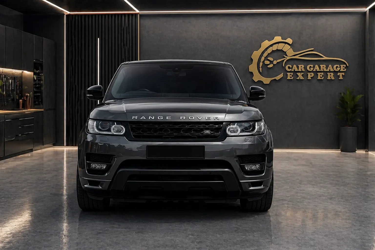 Front view of a sleek grey Range Rover parked inside a modern, high-end garage with polished floors and ambient lighting, representing a premium range rover workshop in dubai offering expert automotive service and maintenance.