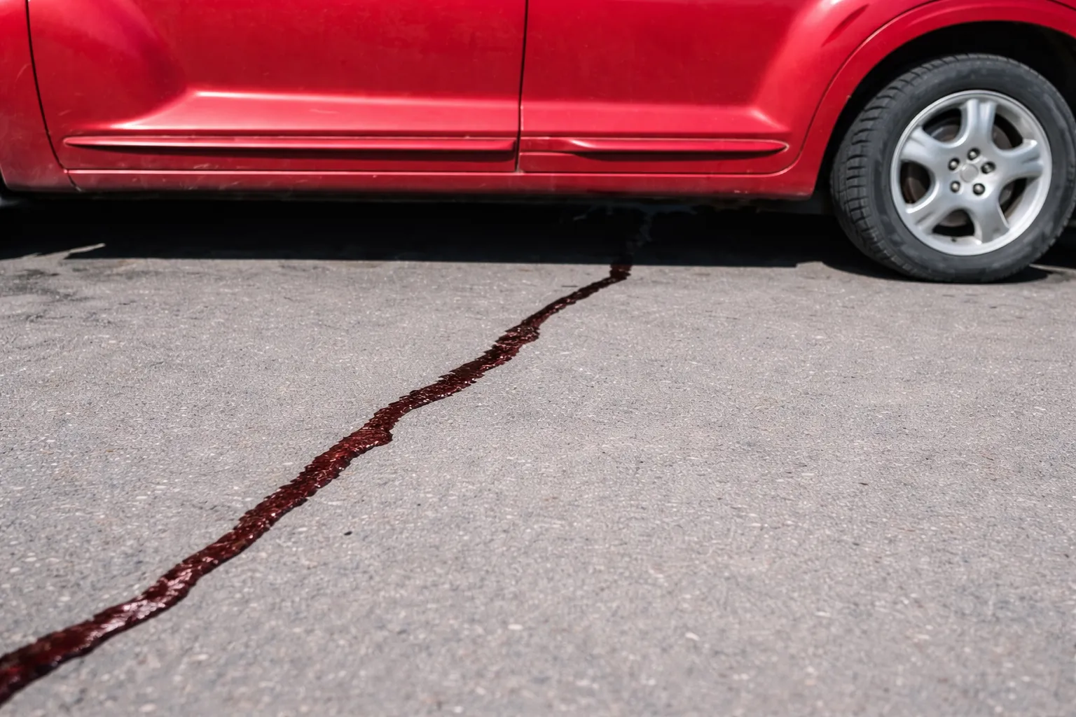 Red car with visible fluid leaking onto the road, illustrating a potential hazard and raising the question: Is It Safe to Drive With a Fuel Leak?