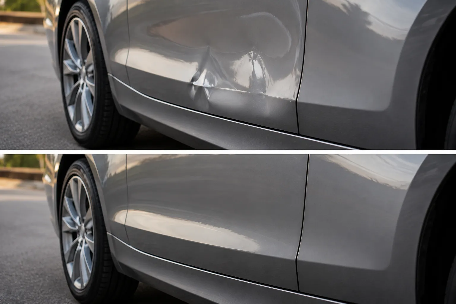 Before and after comparison of a silver car door with visible damage repaired to a smooth finish, demonstrating professional dent repair in Dubai with high-quality bodywork restoration.