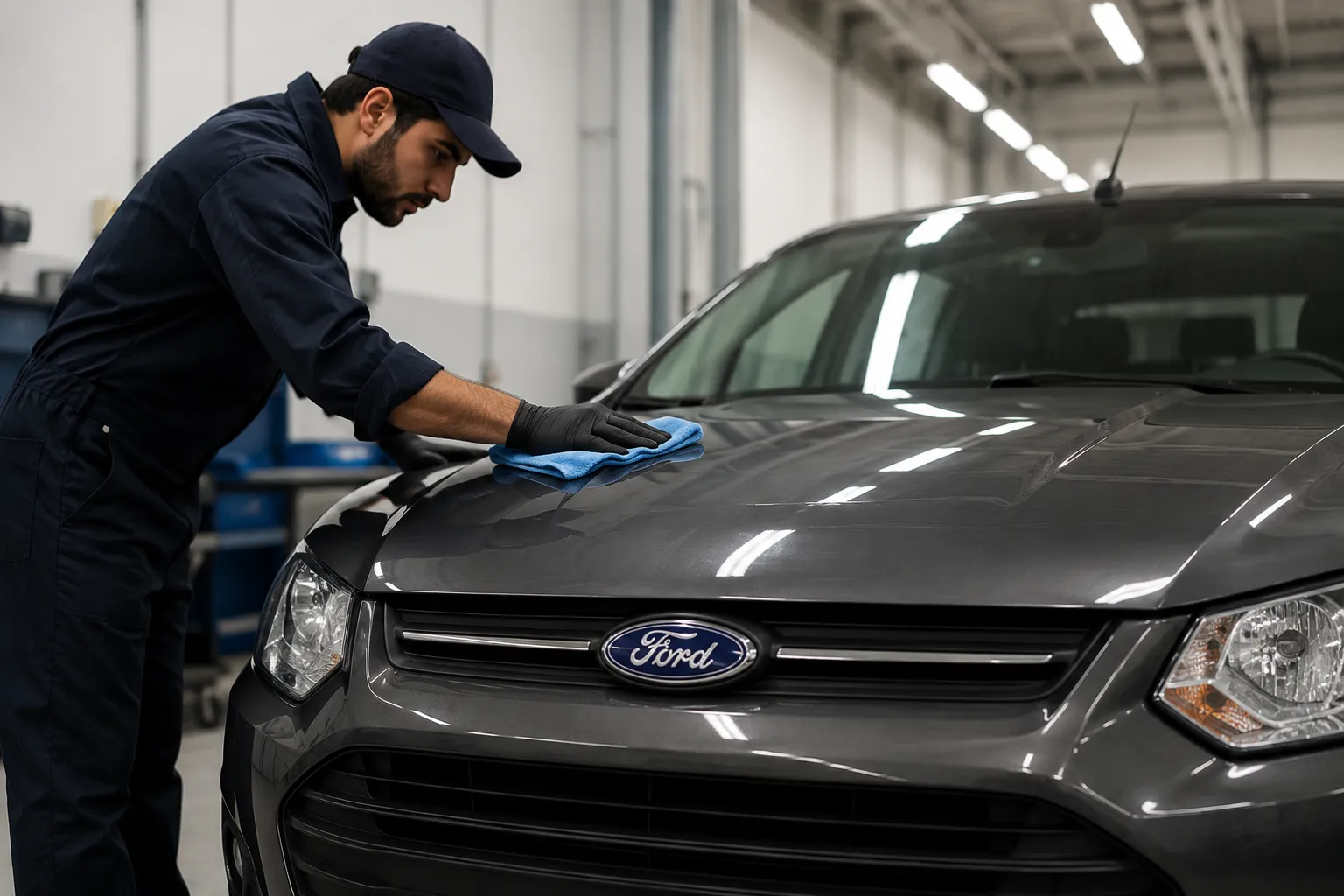 Male automotive technician polishing the hood of a Ford sedan inside a professional workshop, showcasing meticulous care and attention to detail often associated with expert Ford auto body repair services.