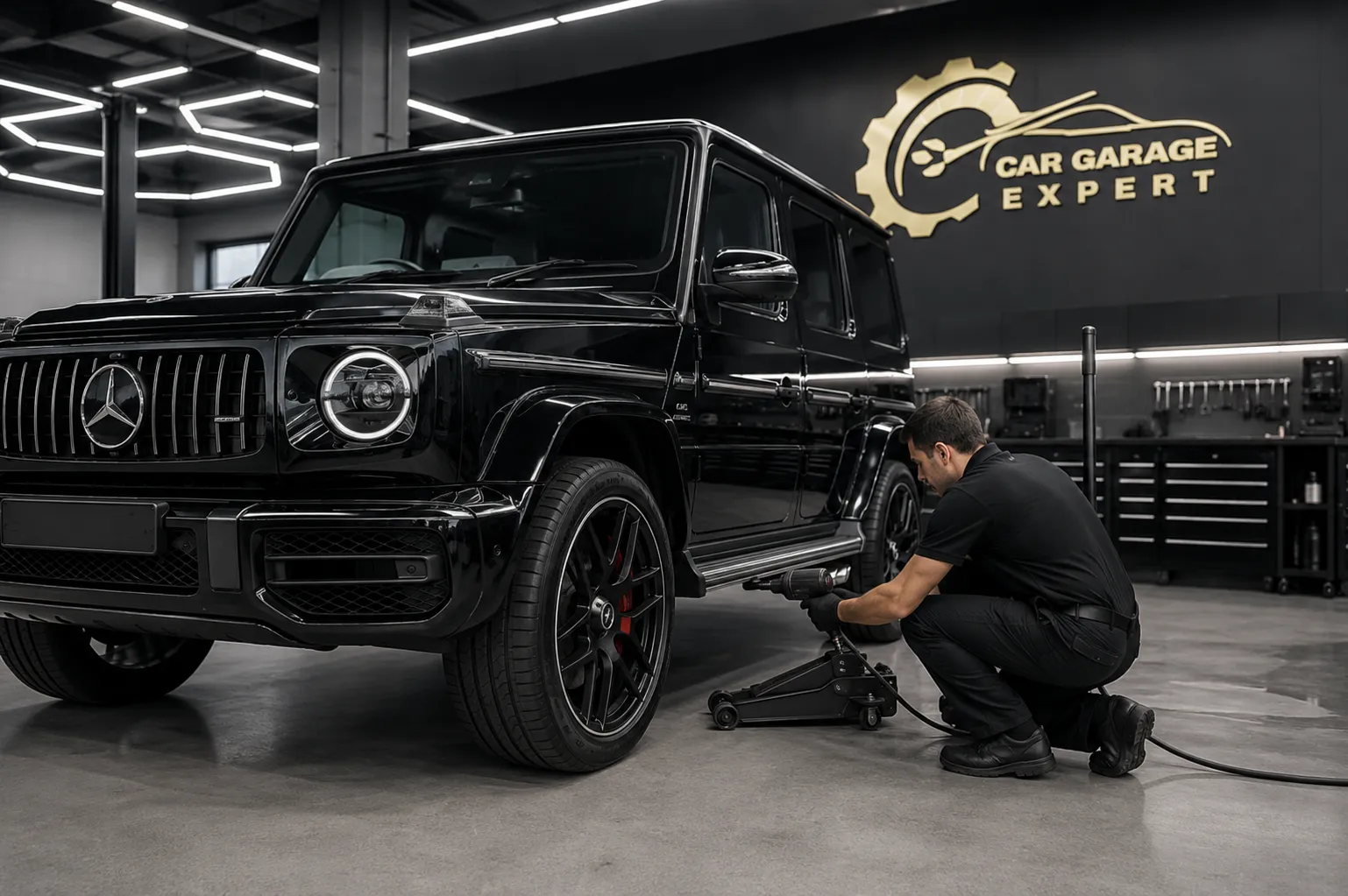 Black Mercedes G63 AMG SUV being serviced inside a modern luxury auto garage, with a professional mechanic performing wheel maintenance, representing expert care and precision work by a Mercedes G63 AMG Specialist in a high-end service environment.