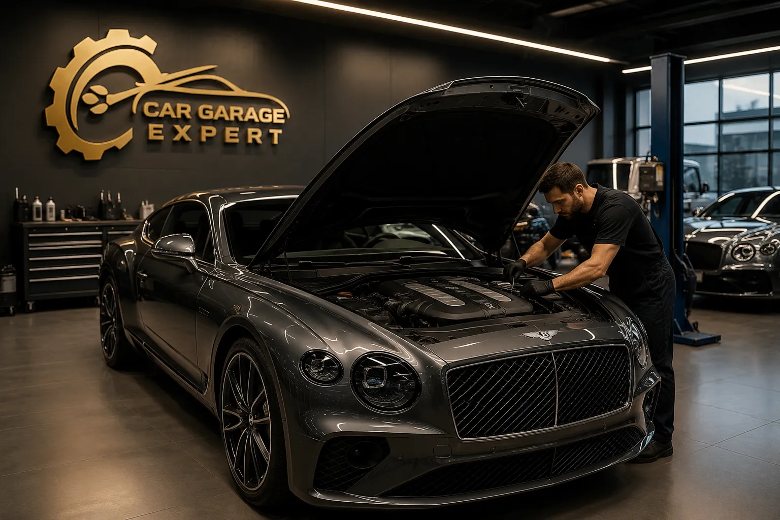 Professional Bentley service Dubai with a luxury Bentley undergoing engine maintenance inside a modern garage, front bumper open and technician workspace visible.