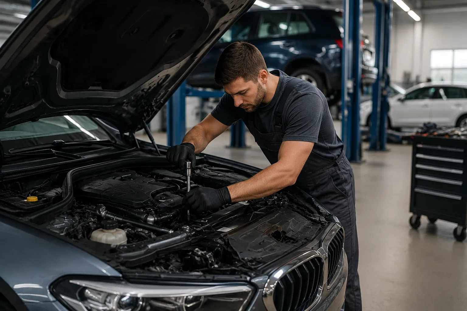 A skilled mechanic performing full car servicing on a luxury vehicle inside a modern auto repair garage with advanced tools, bright lighting, and multiple service bays.