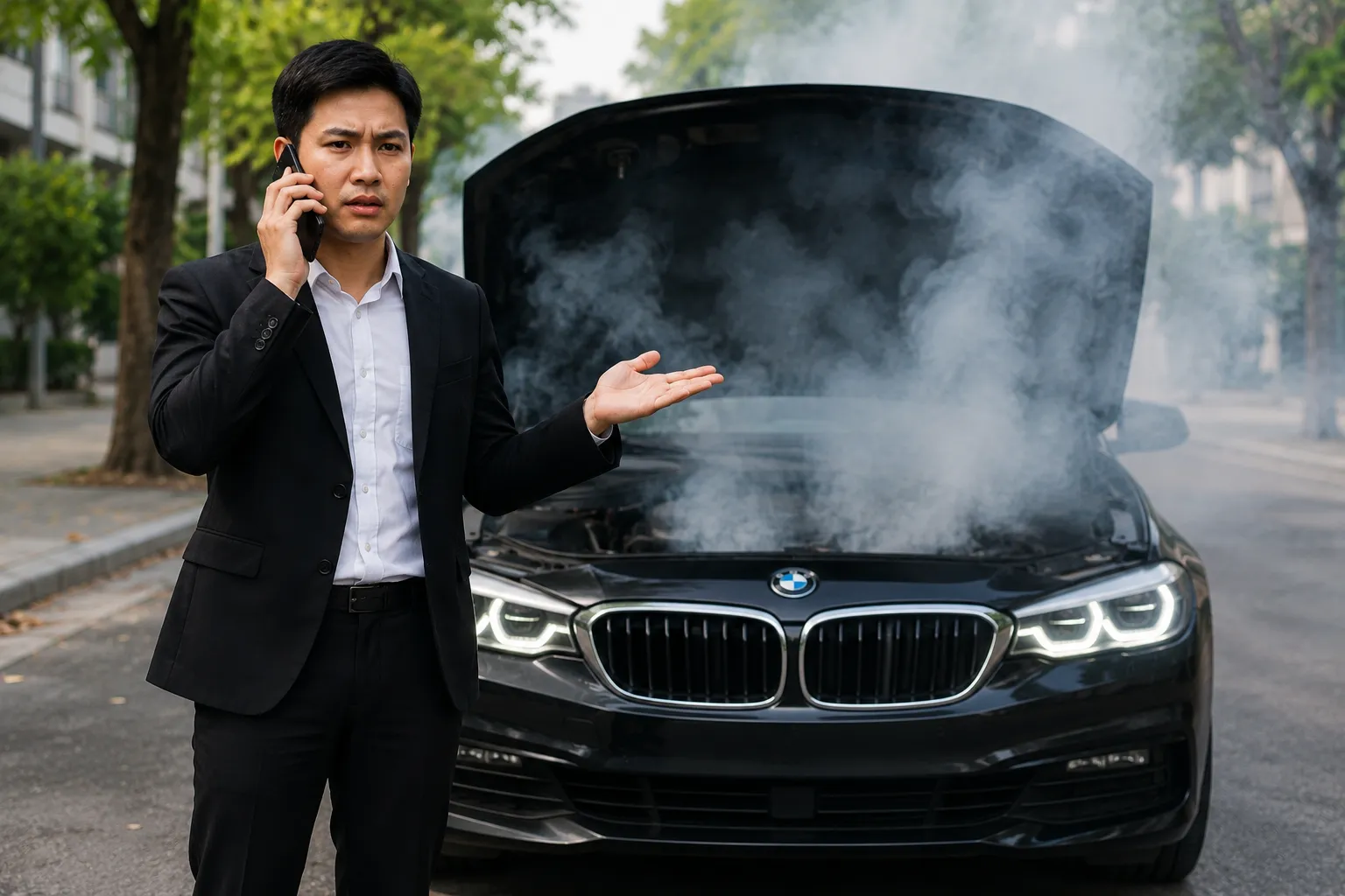 Businessman standing beside a smoking BMW with the hood open on a Dubai street, showing signs of BMW engine overheating in Dubai while calling for roadside assistance.
