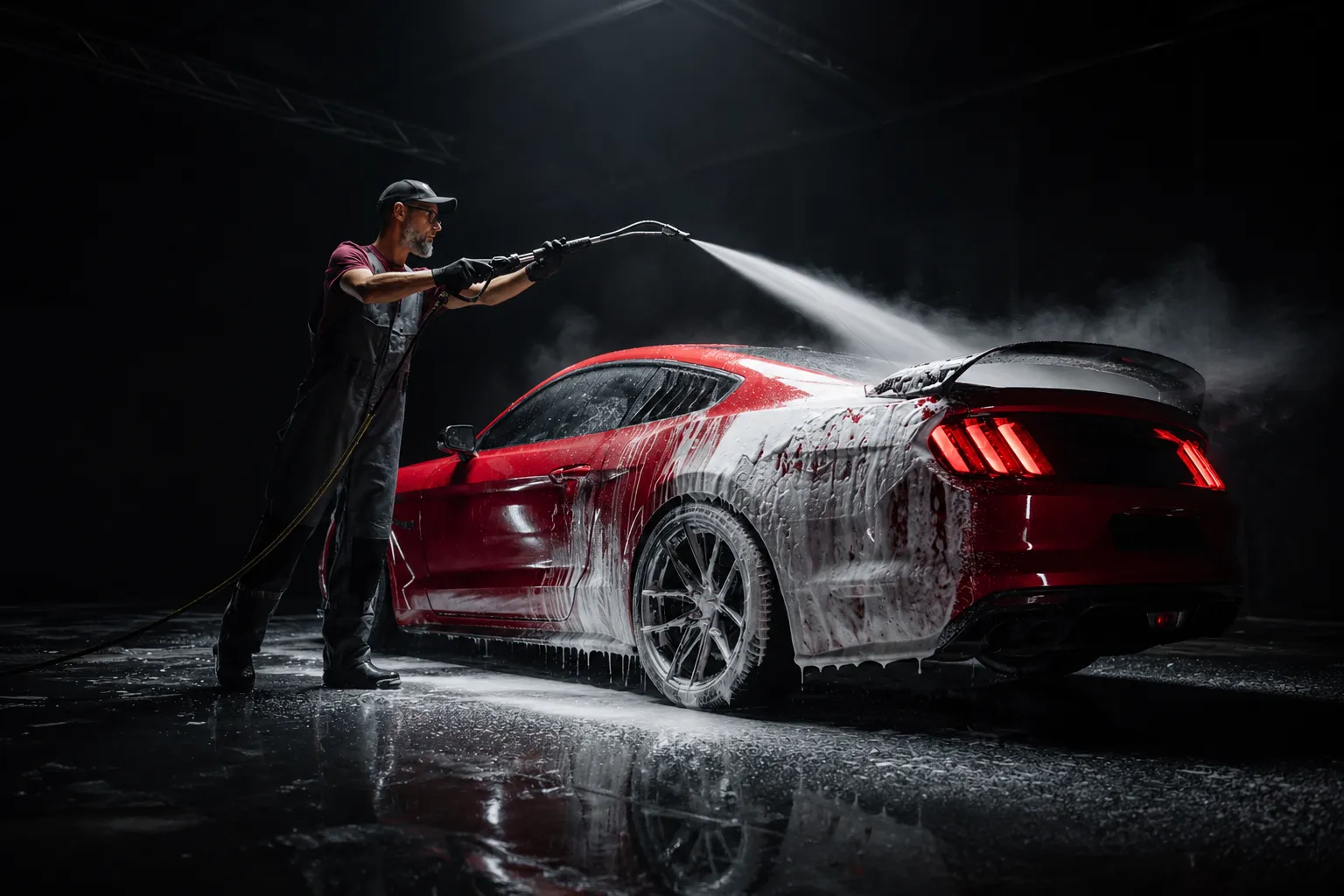 A professional worker pressure washing a red sports car covered in foam inside a dark cinematic garage, showcasing premium car wash Al Quoz services with dramatic lighting and reflective wet flooring.