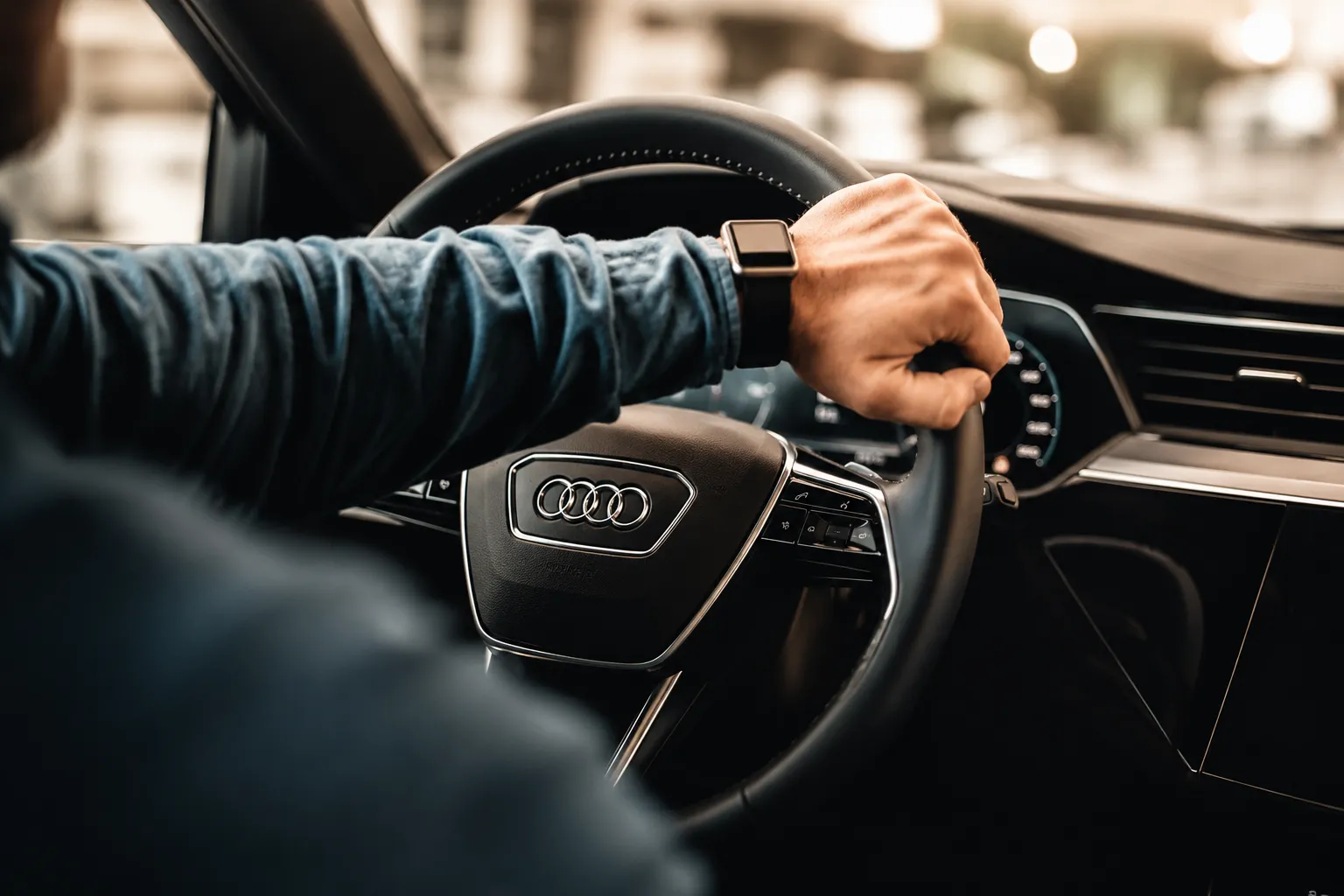 Driver gripping the steering wheel inside a modern Audi car, with the Audi logo clearly visible and the dashboard softly blurred in the background. The image reflects a realistic driving experience often associated with concerns like “why is my Audi vibrating while driving?” during daily commutes or highway travel.