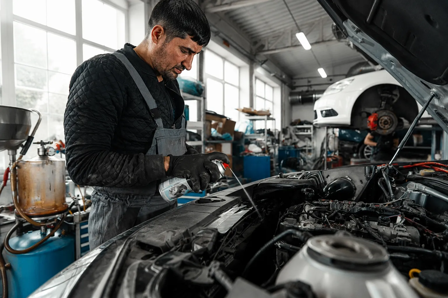 Professional mechanic working on a luxury car engine inside a modern auto workshop while performing maintenance and inspection, illustrating engine repair cost Dubai services and expert vehicle diagnostics in a high-end garage environment.