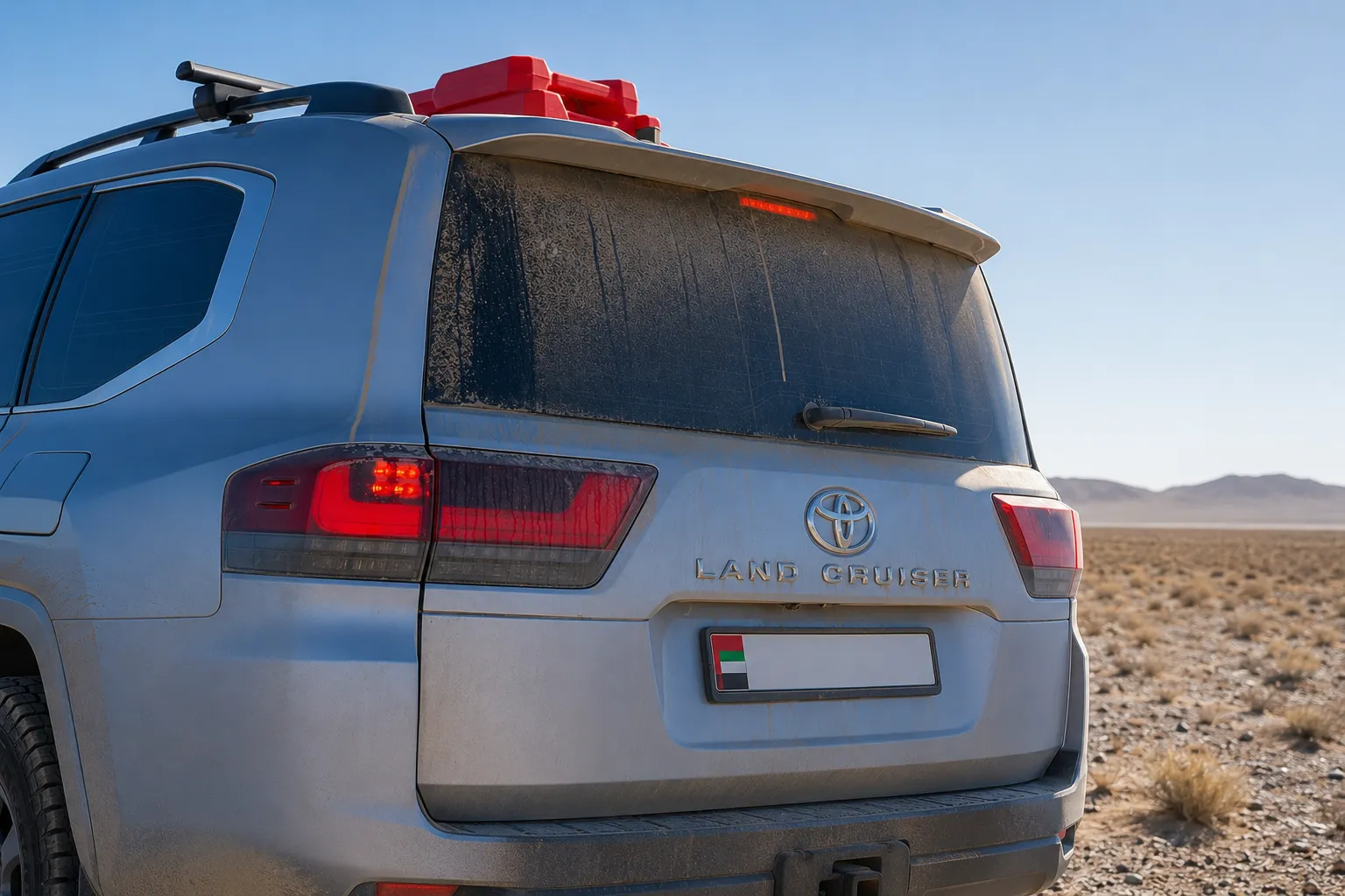 Rear view of a dusty Toyota Land Cruiser parked in a desert landscape, showing the “LAND CRUISER” badge, illuminated taillights, roof rack, and a UAE-style number plate, highlighting conditions often associated with land cruiser repair due to heavy off-road use and dirt accumulation.