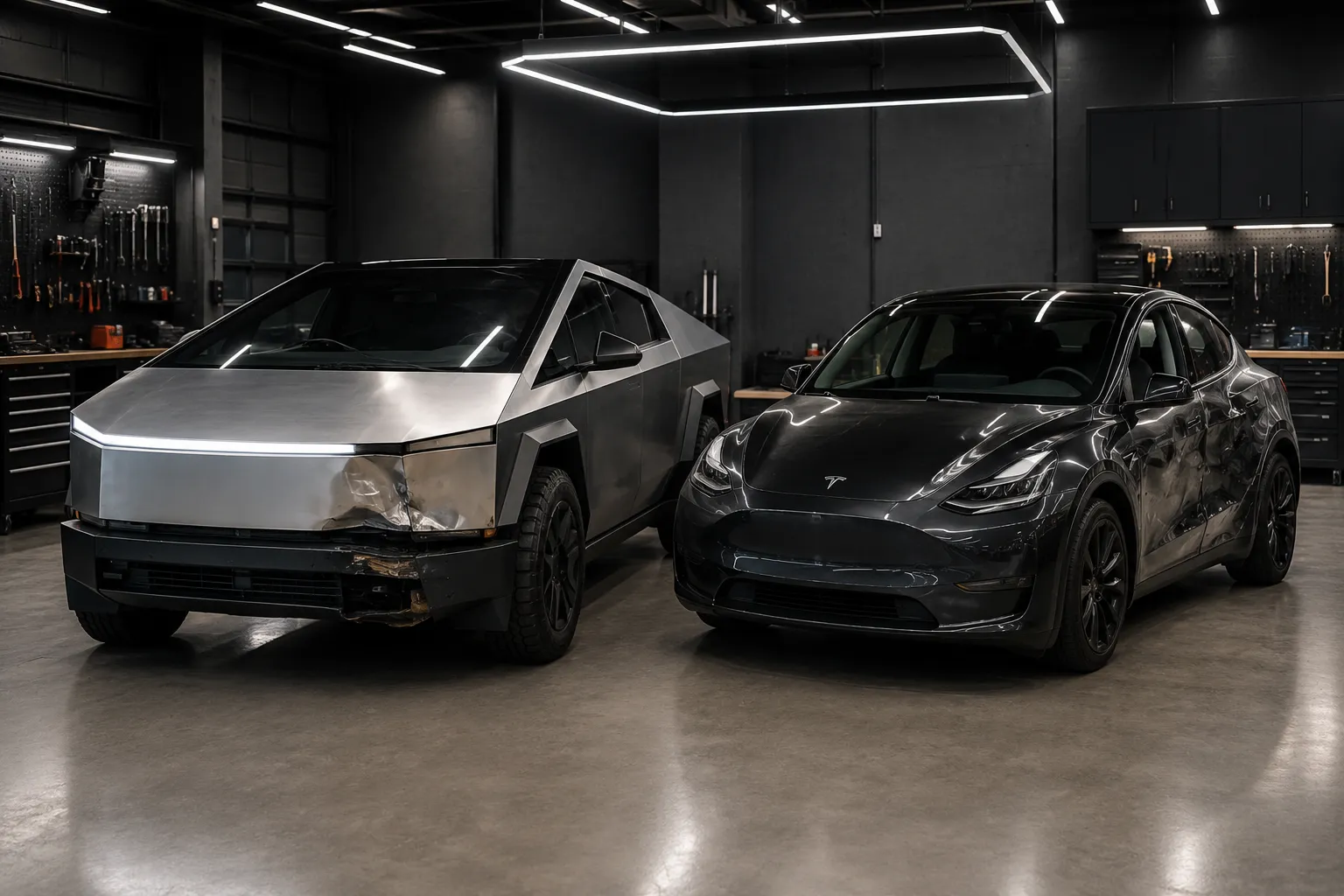 Modern luxury garage featuring a slightly damaged Cybertruck beside a dented Tesla Model Y under sleek LED lighting, highlighting premium automotive restoration and Tesla repair in Dubai.