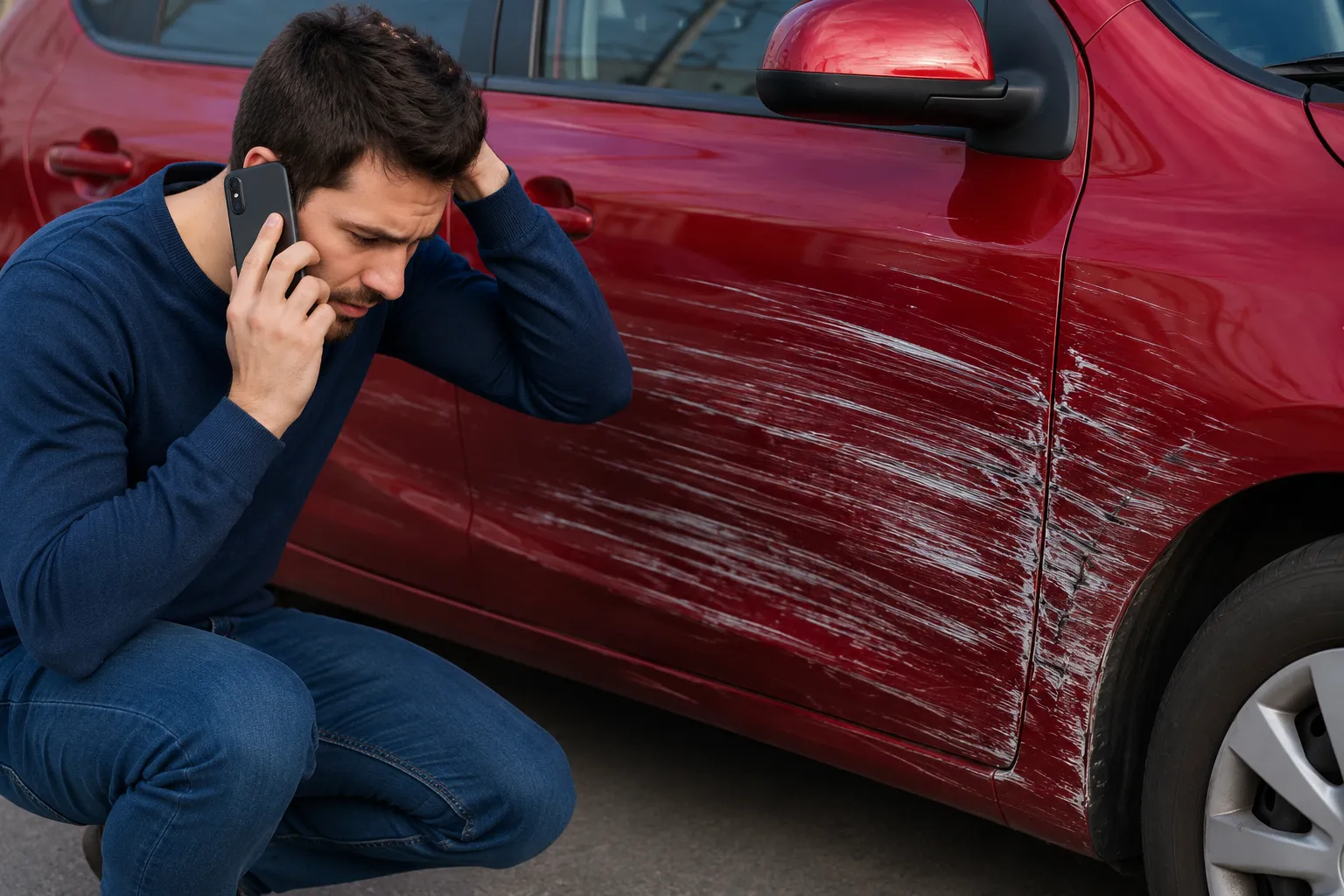 Man inspecting deep side scratches on a red car while talking on the phone, highlighting professional car scratch repair in Dubai for damaged vehicle doors and body panels.