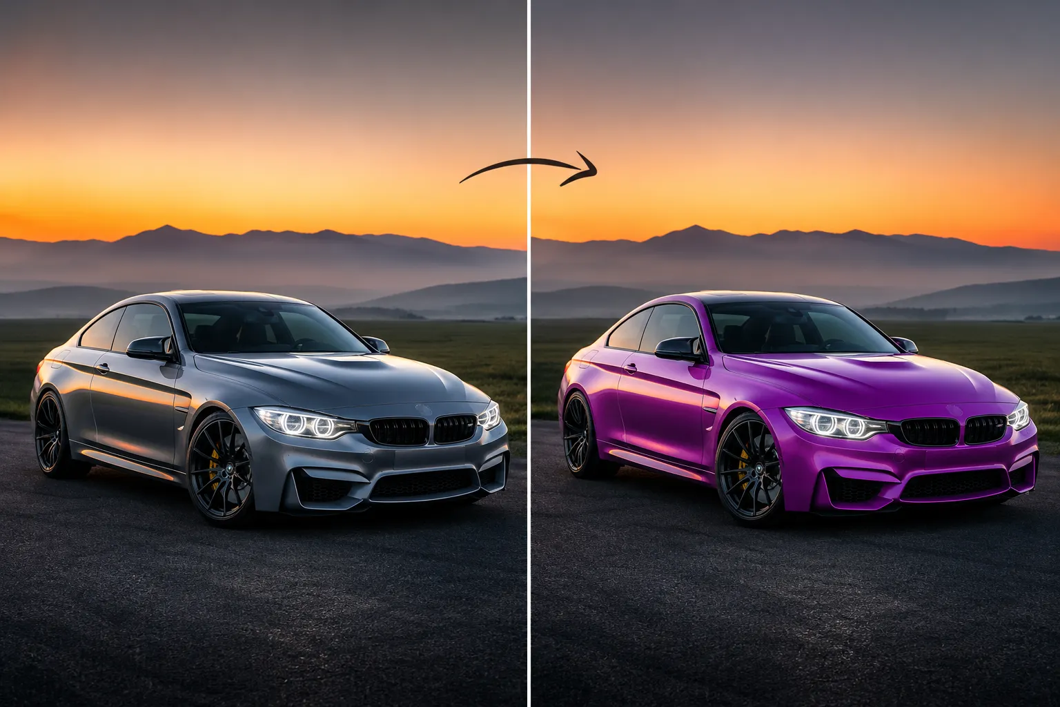 Split-view luxury sports car showcasing a dramatic vehicle wrap transformation from silver to vibrant pink, highlighting professional Dubai car color changes with a premium custom paint and wrapping finish.