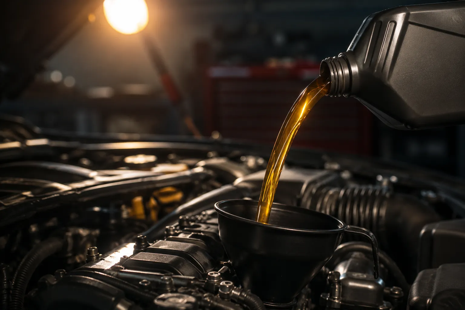 Close-up of fresh motor oil being poured into a car engine during a professional oil change service in Dubai, showcasing premium automotive maintenance in a modern garage workshop.