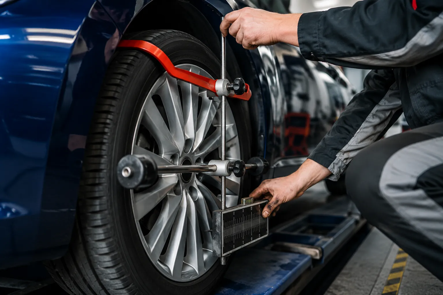 Technician performing professional wheel alignment services on a modern vehicle using precision alignment equipment in an advanced automotive workshop.