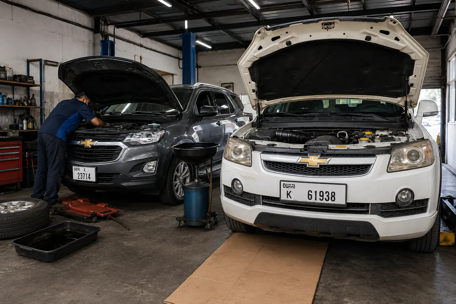 Two Chevrolet SUVs with open hoods inside a professional auto workshop, where a mechanic performs Chevrolet service & maintenance using diagnostic tools and repair equipment in a busy garage setting.
