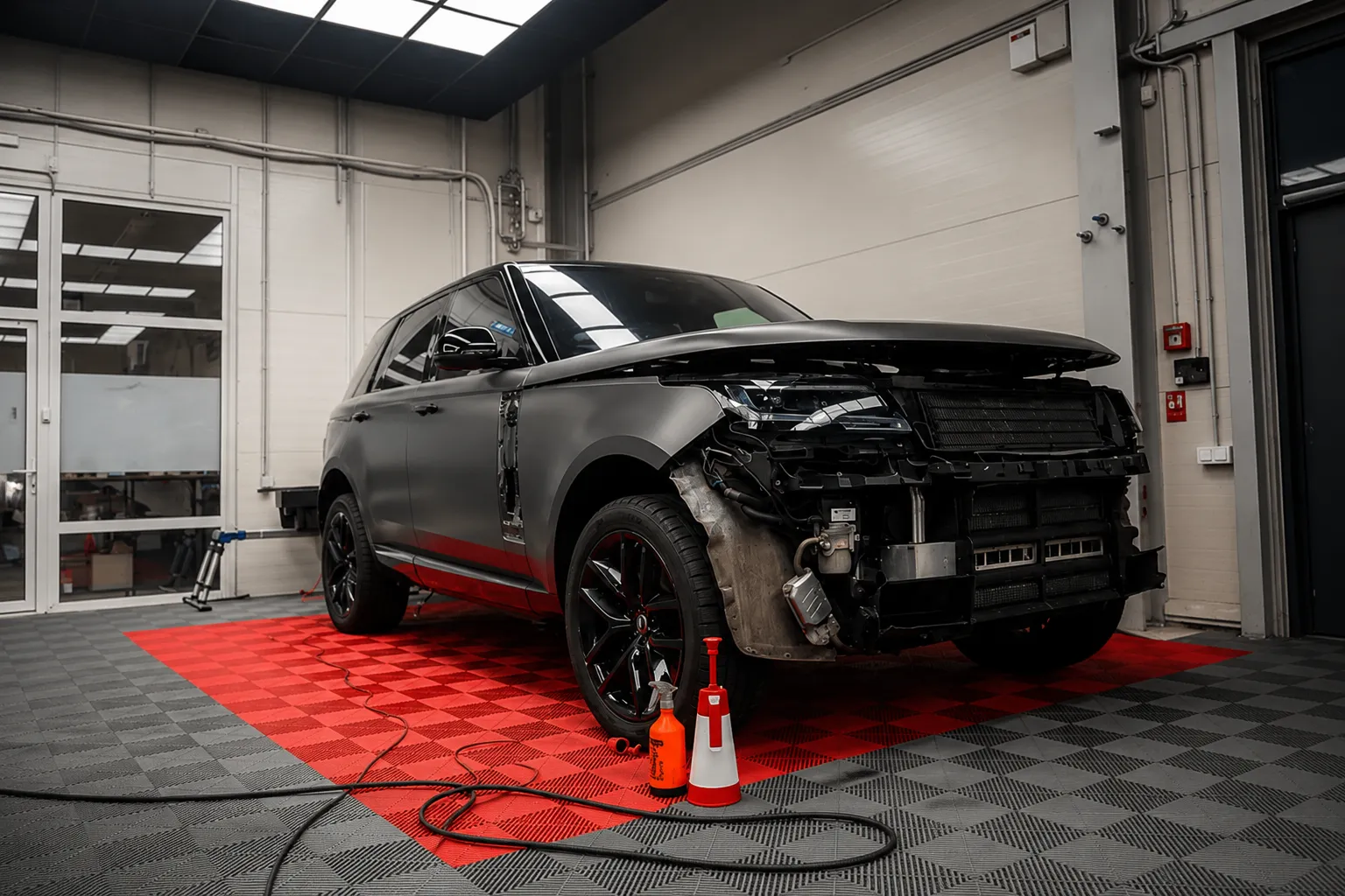 Range Rover auto repair in a modern garage showing a luxury SUV with front components removed for professional servicing and diagnostics.