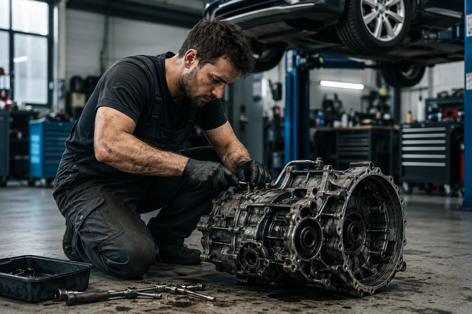 Mechanic performing auto gearbox repair on a transmission system in a modern garage workshop with grease-stained face and tools on the floor.