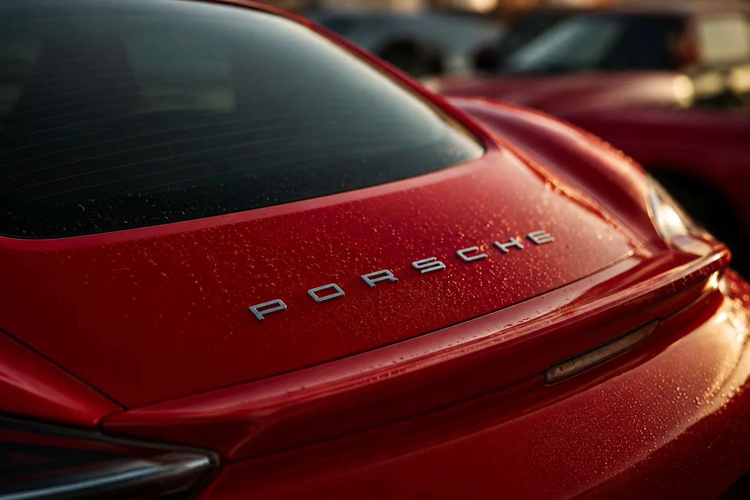 Close-up rear view of a red Porsche vehicle with visible Porsche lettering on the trunk, highlighting premium sports car detailing and luxury automotive finish, relevant for Porsche service in Dubai maintenance and repair needs.