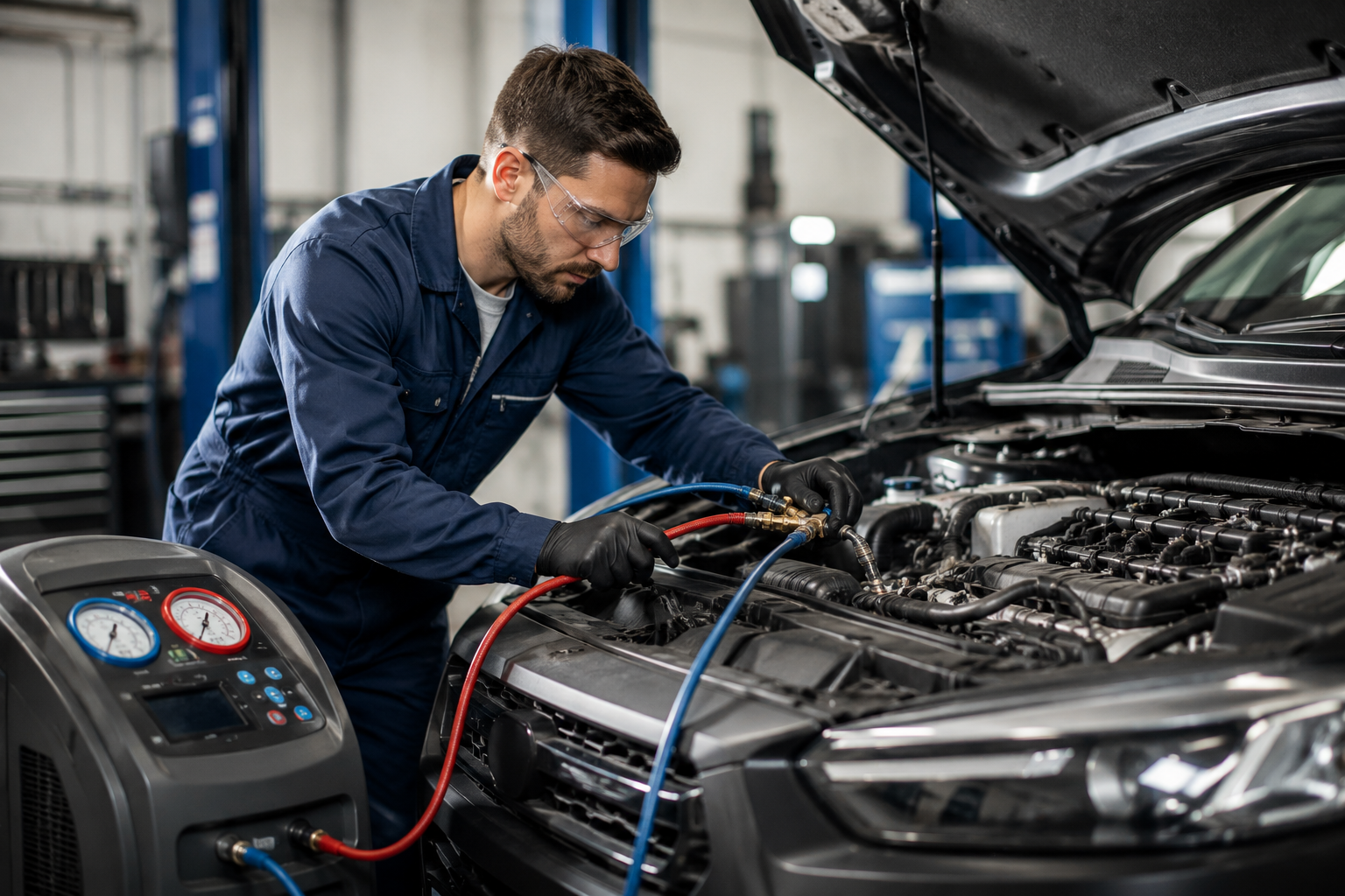 Professional mechanic performing auto air conditioning repair on a modern vehicle in a well-equipped automotive service workshop.