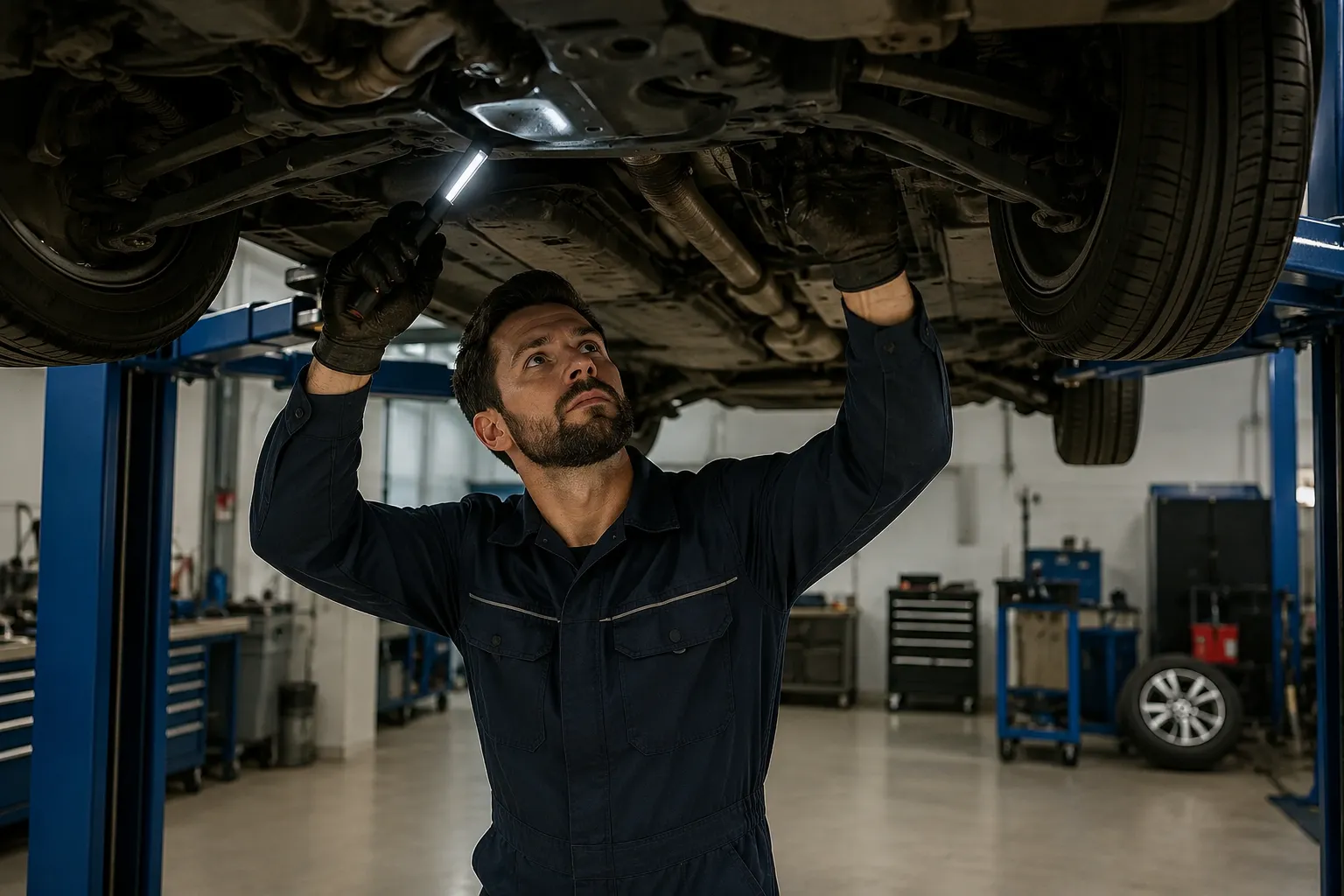 Mercedes car maintenance & repair in Dubai performed by a professional mechanic inspecting the undercarriage of a luxury vehicle on a hydraulic lift in a modern automotive workshop.