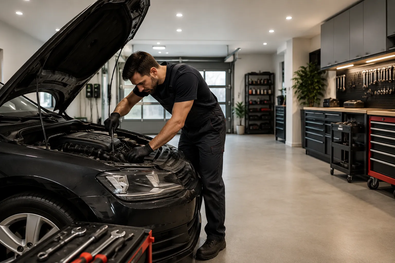 Professional car service at home service with a skilled mechanic performing vehicle maintenance in a residential garage.