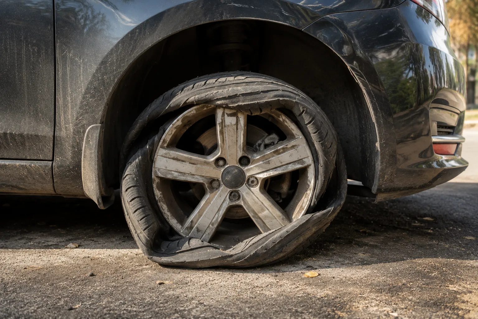 Flat tire on a vehicle parked roadside, highlighting the need for a reliable tyre shop near me for fast tire replacement and emergency roadside assistance.