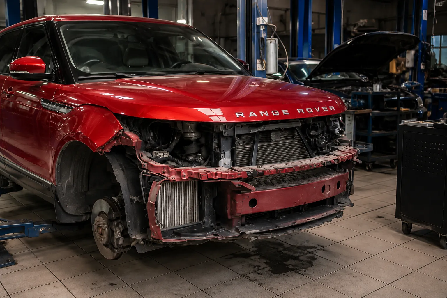 Red Range Rover undergoing professional repairs at a Range Rover repair shop in Dubai, with technicians servicing the vehicle in a fully equipped auto workshop.