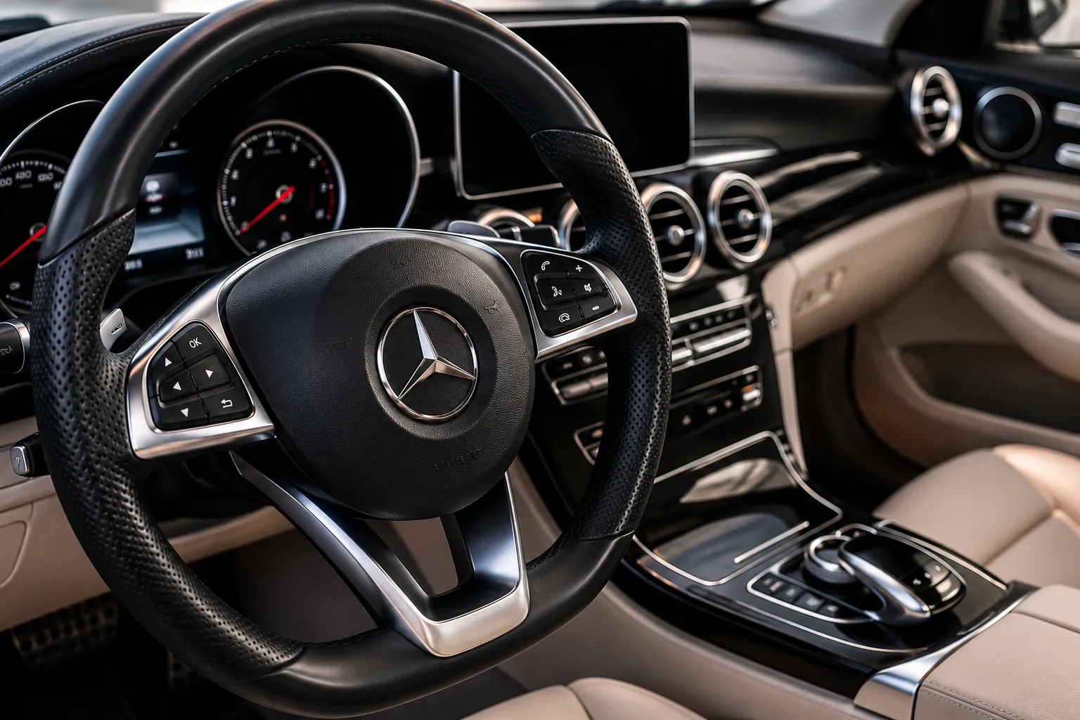 Close-up view of a Mercedes-Benz steering wheel and premium interior, showcasing advanced controls and luxury craftsmanship. The image highlights the vehicle’s cabin during inspection or maintenance, representing professional Mercedes auto repair in Dubai with a focus on diagnostics, electronics, and interior system servicing.
