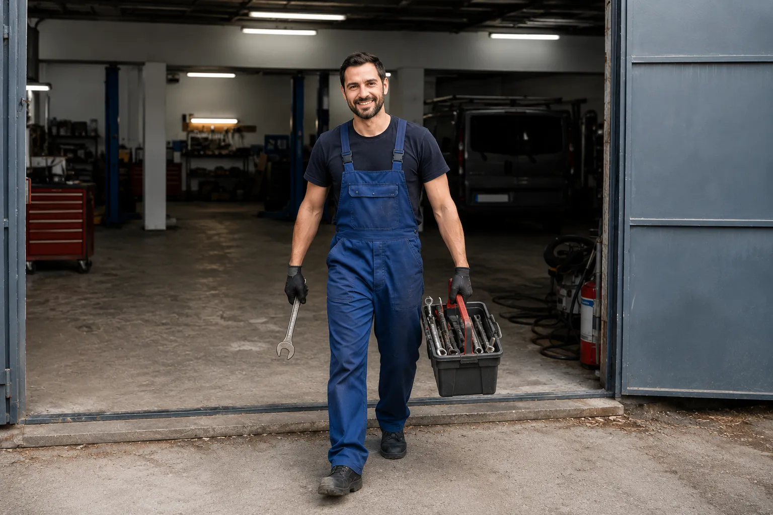 Professional mechanic carrying a toolbox and wrench while walking out of an auto repair garage, with a fully equipped workshop and service bays visible in the background, highlighting expert vehicle maintenance and repair services.