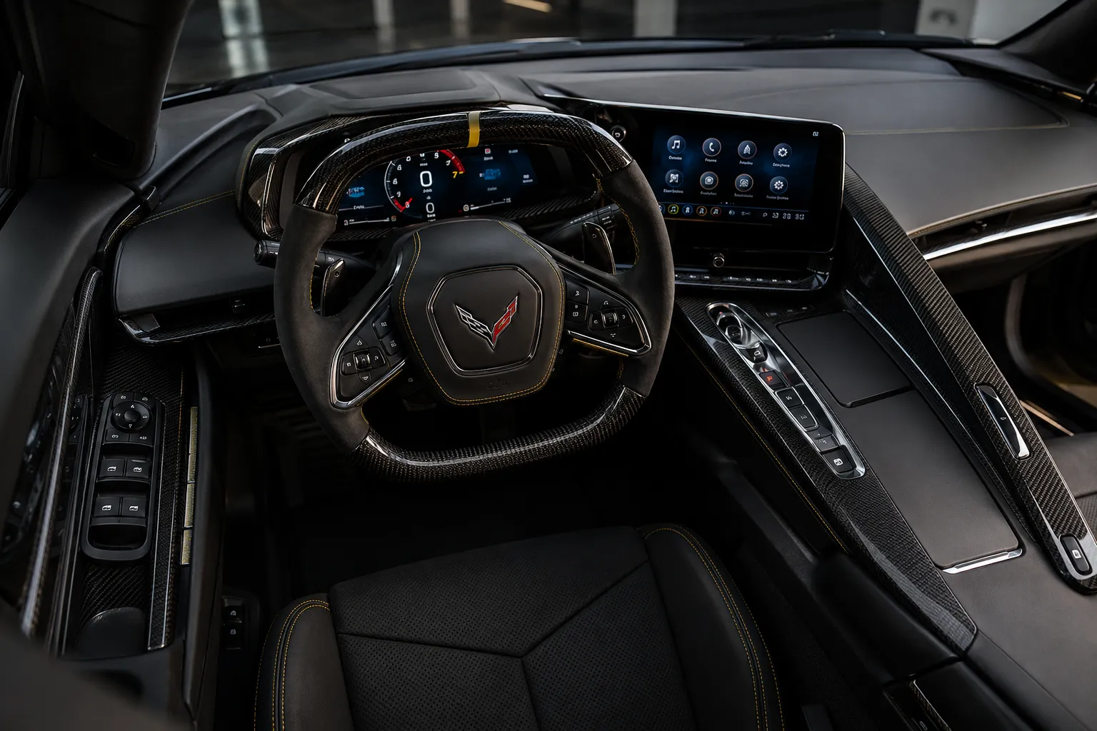 Modern Corvette interior featuring a premium steering wheel, digital instrument cluster, and center console controls, showcasing the cabin where technicians diagnose and perform Corvette AC repair to ensure reliable cooling and driving comfort.