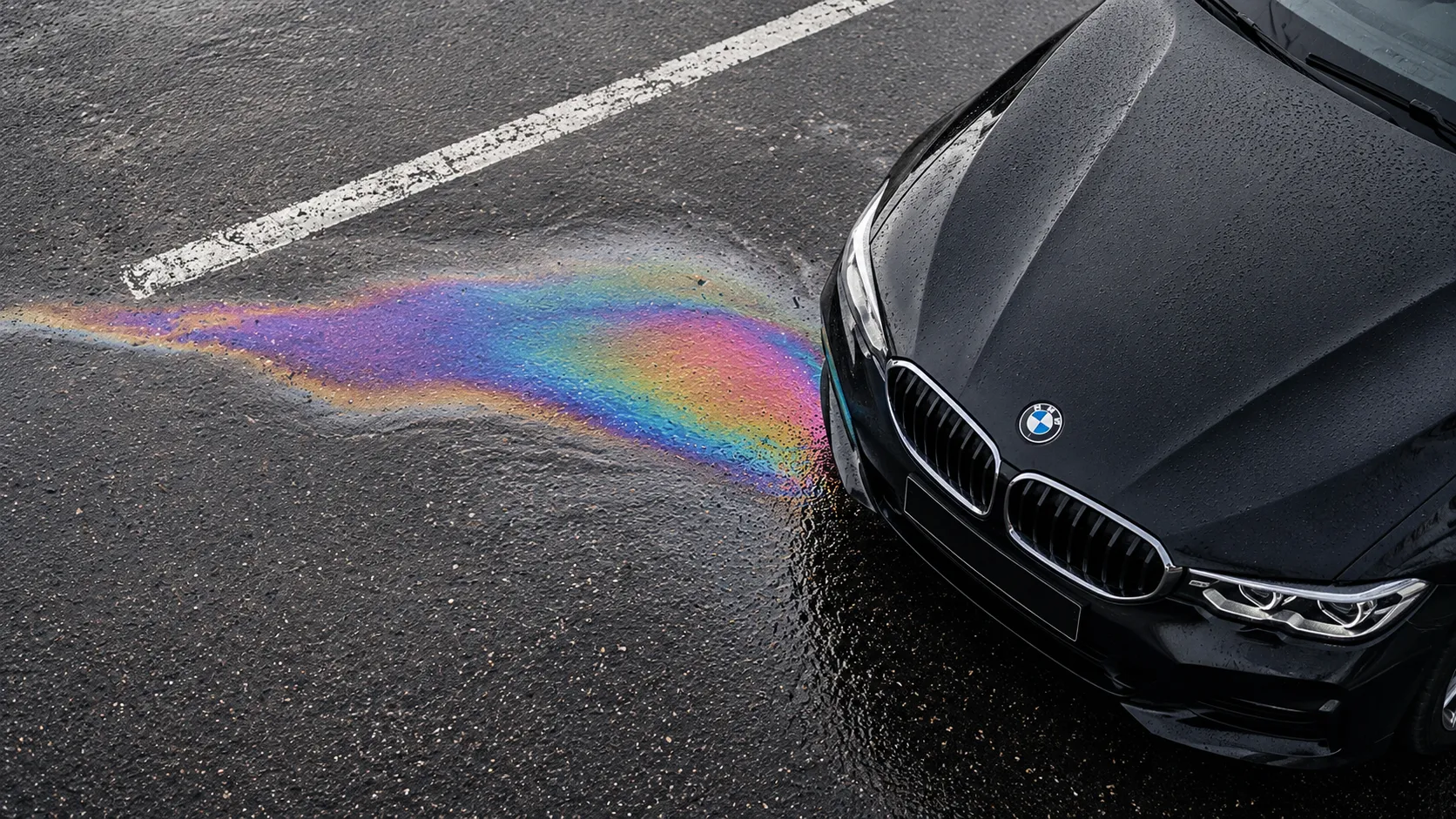 A black BMW is parked on wet pavement with a visible rainbow-colored fluid spill beneath the front bonnet, suggesting an oil leak in BMW. The close-up view highlights the vehicle's front end and the leaking fluid, emphasizing the importance of prompt inspection and professional engine maintenance.
