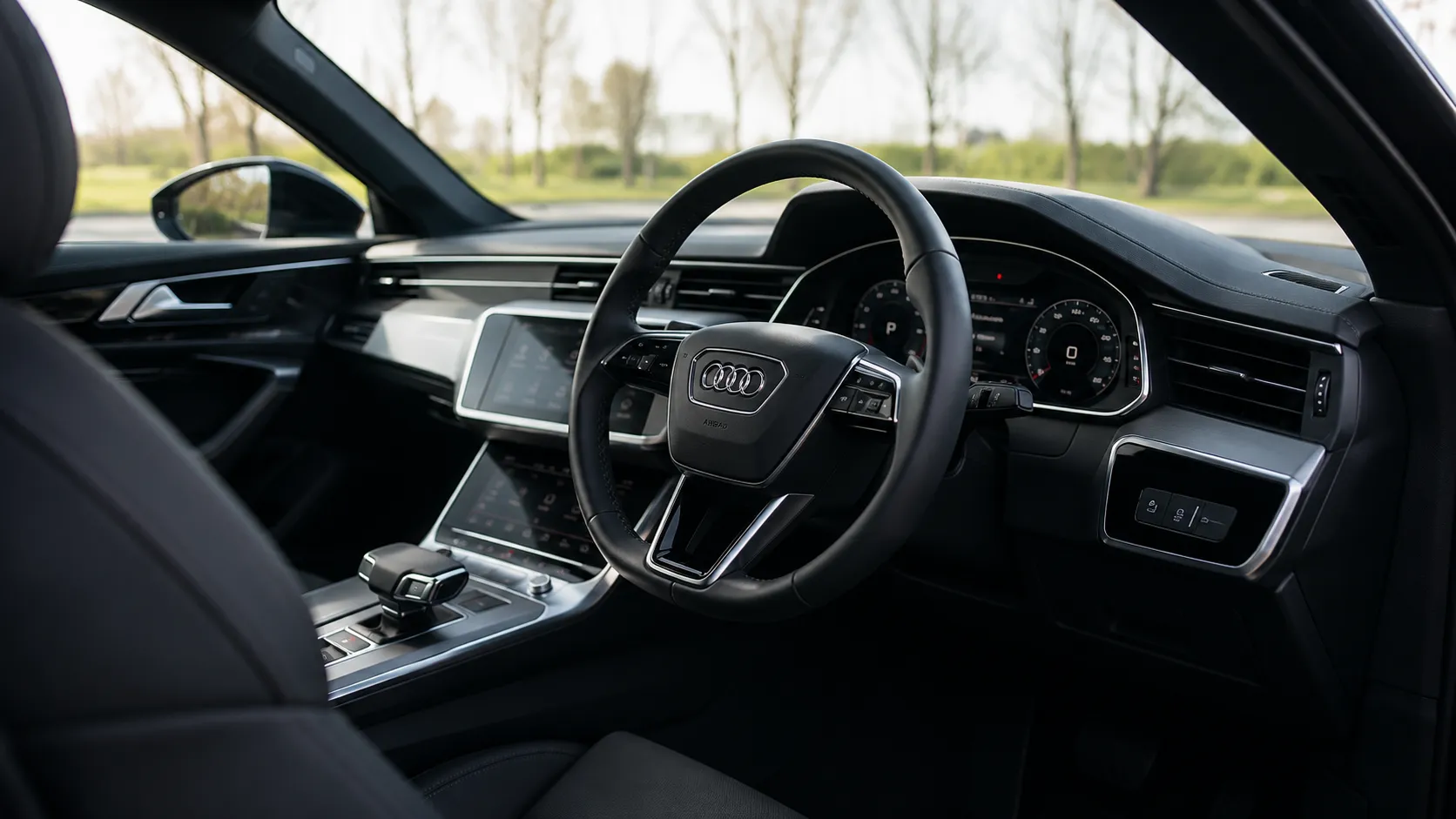 Modern Audi interior featuring a premium steering wheel with the Audi logo, digital instrument cluster, touchscreen infotainment system, and a sleek black dashboard. This image is ideal for showcasing Audi air conditioning services, highlighting the vehicle's climate control system and luxurious cabin designed for maximum driving comfort.
