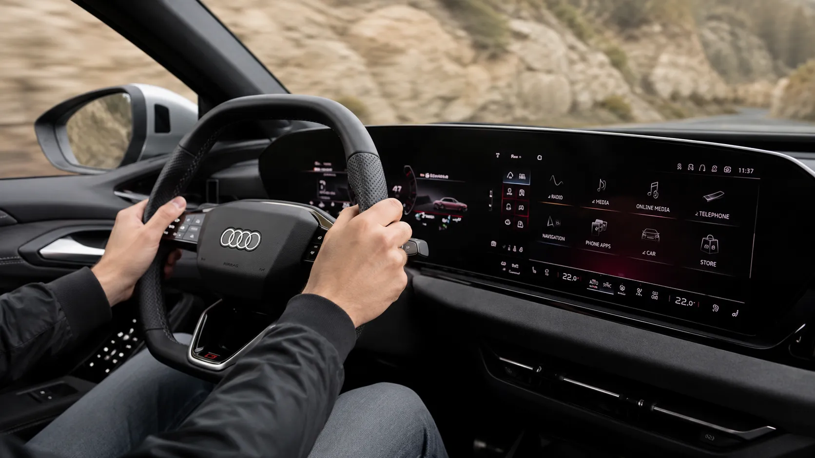 Modern Audi A4 interior with a digital dashboard and steering wheel, illustrating Audi A4 air con not working and the need for professional AC diagnostics and repair.