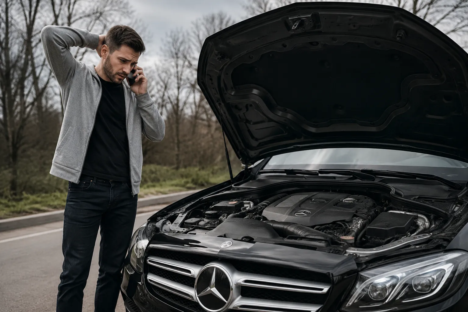 Driver standing beside a Mercedes with the hood open, making a phone call after experiencing Mercedes starting problems on the roadside.