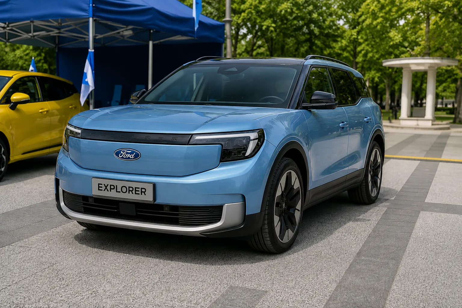 Blue Ford Explorer SUV displayed outdoors at an auto event, highlighting the model often discussed in relation to problems with Ford Explorer.