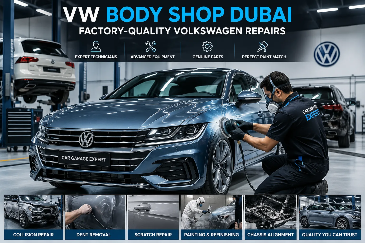 VW Body Shop Dubai technicians performing professional Volkswagen body repair and paint restoration.