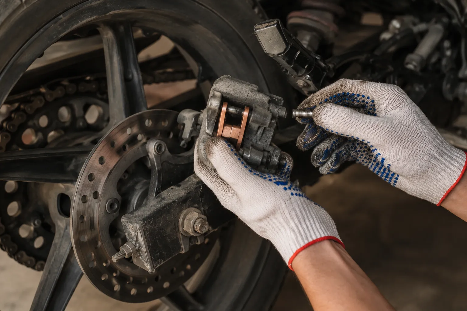 Close-up of a mechanic replacing motorcycle brake pads, illustrating a common cause behind the question, "why do my car shakes when I brake?"