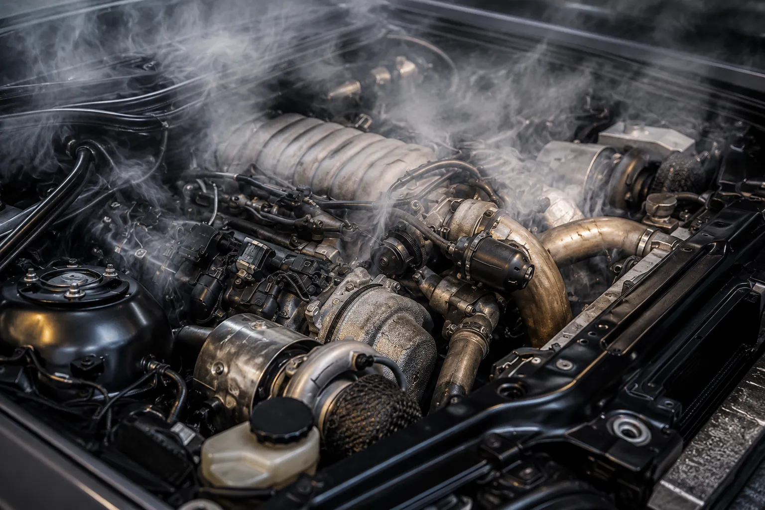 Close-up of a smoking car engine bay, illustrating severe overheating that can lead to engine lock up if not repaired promptly.