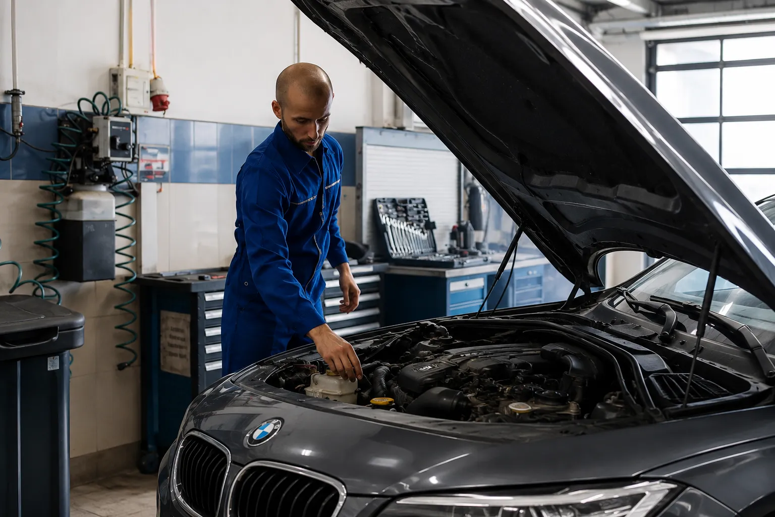 Mechanic inspecting a BMW engine in a professional repair shop while diagnosing BMW engine problems and performing routine maintenance.
