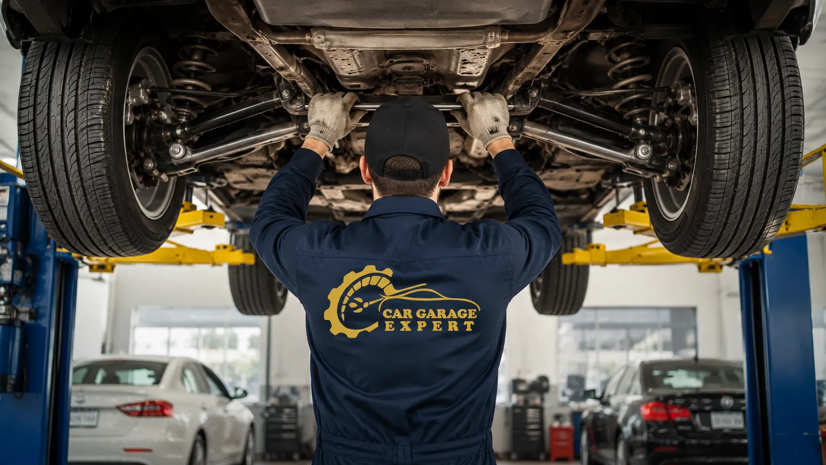 Mechanic inspecting a vehicle's suspension system on a lift during Maserati suspension repair in Dubai and routine undercarriage maintenance.