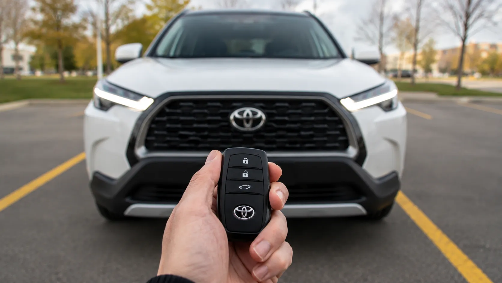 Hand holding a Toyota key fob in front of a Toyota SUV, representing common problems of Toyota and vehicle ownership.