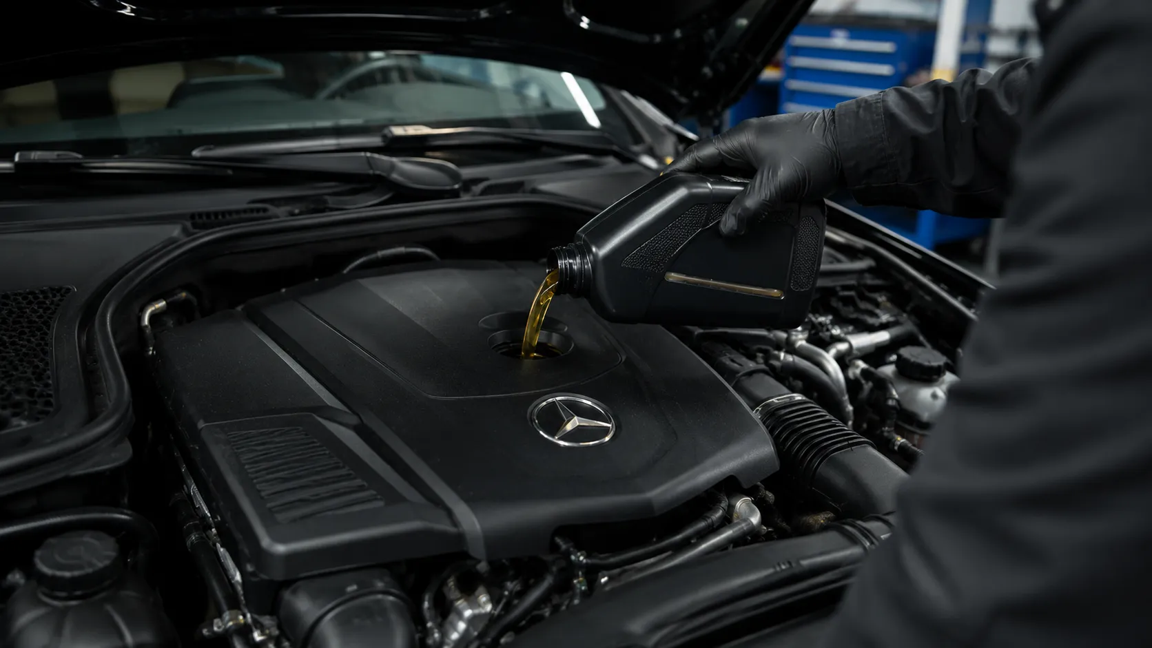 A professional mechanic pours fresh engine oil into a Mercedes-Benz engine with the hood open inside a modern automotive workshop. The close-up view highlights the engine bay and premium engineering, emphasizing the importance of an oil change Benz service for maintaining engine performance, efficiency, and long-term reliability.