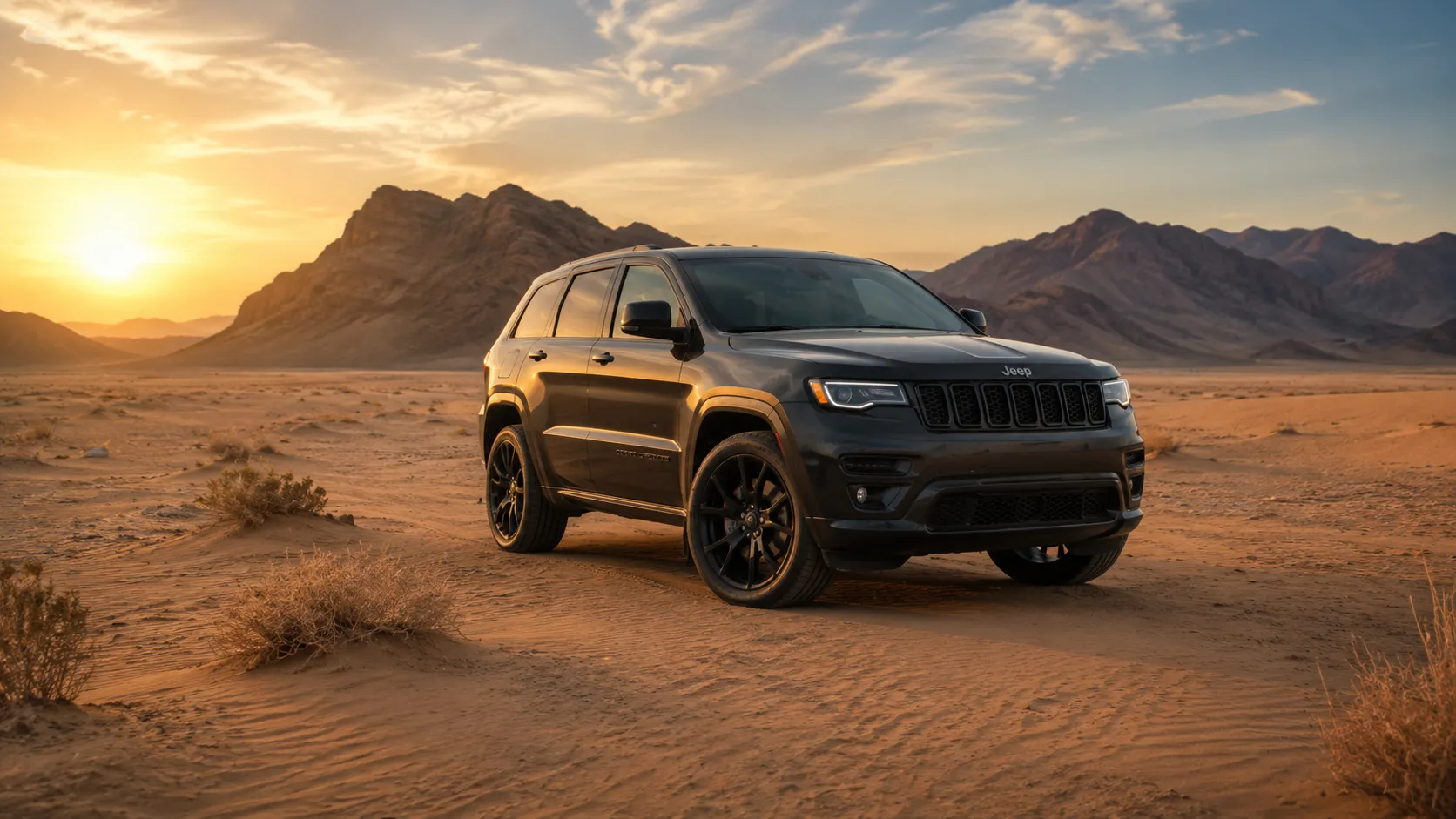 A black Jeep Grand Cherokee is parked on a sandy desert landscape with rugged mountains and a dramatic sky in the background. The SUV's bold design and off-road stance highlight the durability and performance maintained through professional Jeep Grand Cherokee service, ensuring reliable driving on both city roads and challenging terrain.