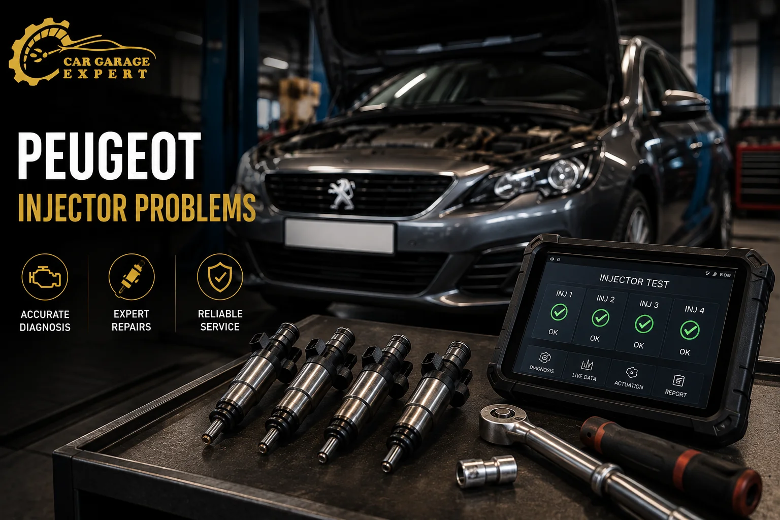 Peugeot Injector Problems & Its Repair at Car Garage Expert**Alt Text:** Peugeot injector problems diagnosis with fuel injectors and diagnostics at Car Garage Expert in Dubai.