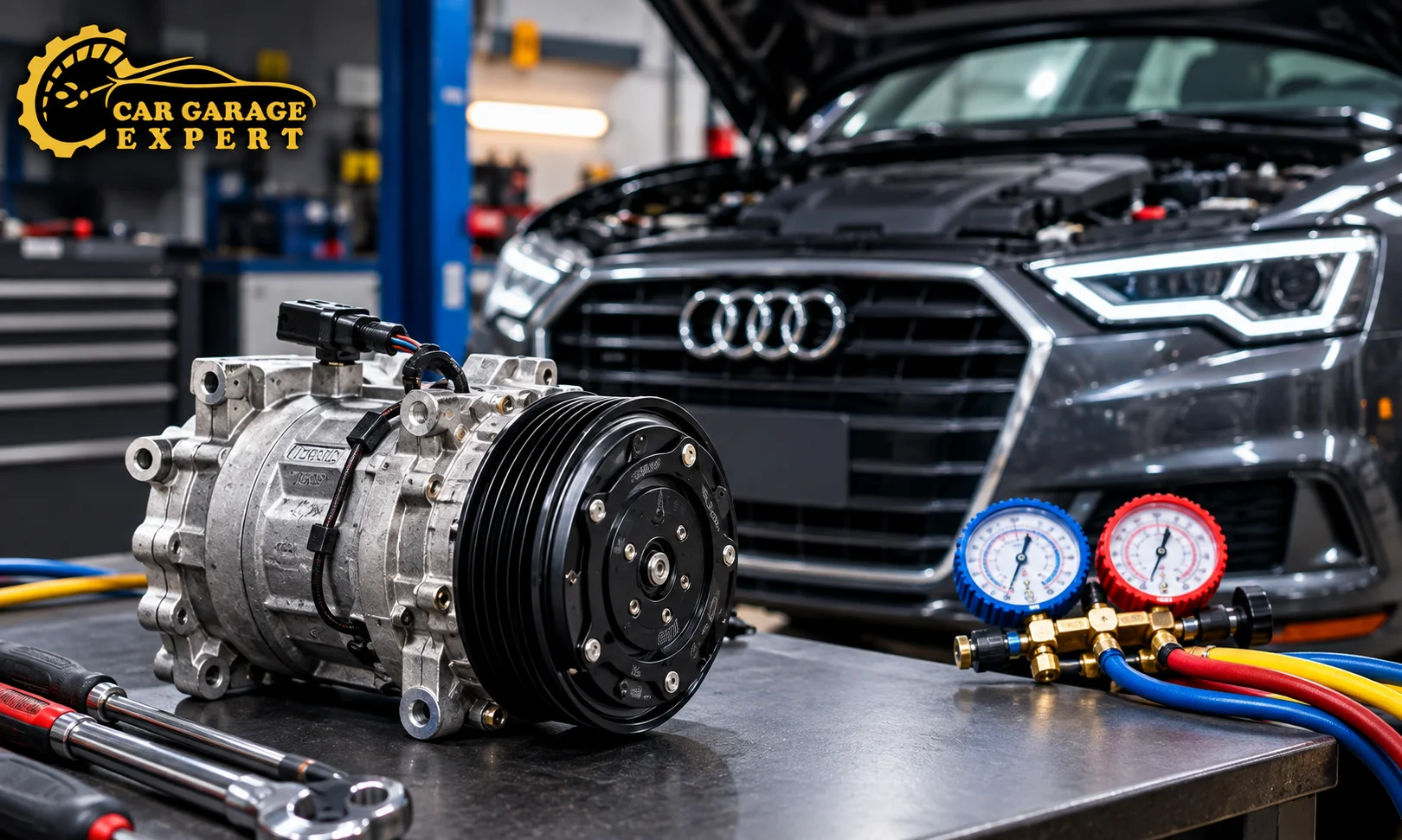 Audi AC compressor failure repair with an Audi vehicle and AC compressor in a professional car garage.