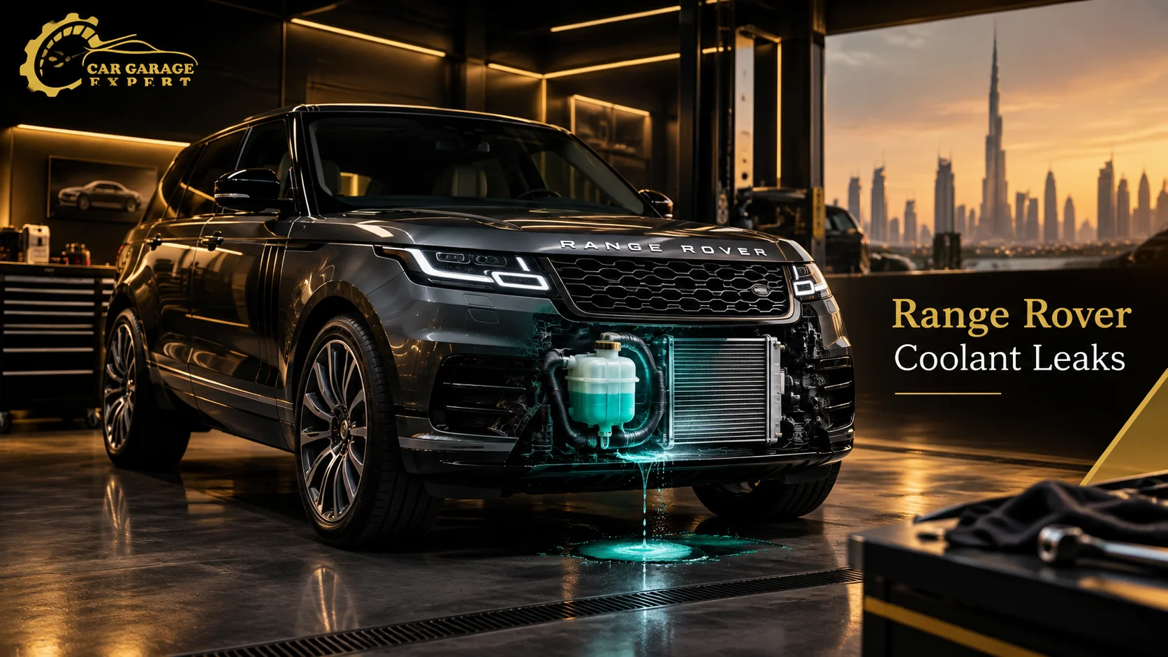 Range Rover coolant leaks with visible coolant dripping from the cooling system in a Dubai garage.