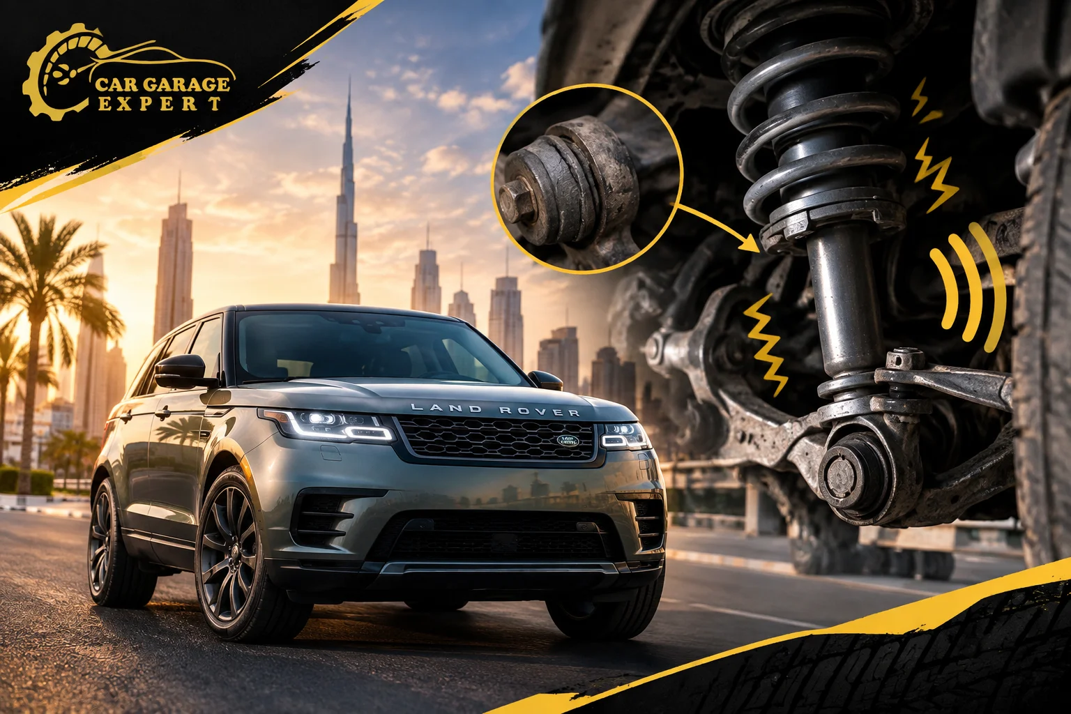 Land Rover SUV with detailed suspension system showing signs of Land rover Suspension Making Noise in Dubai.